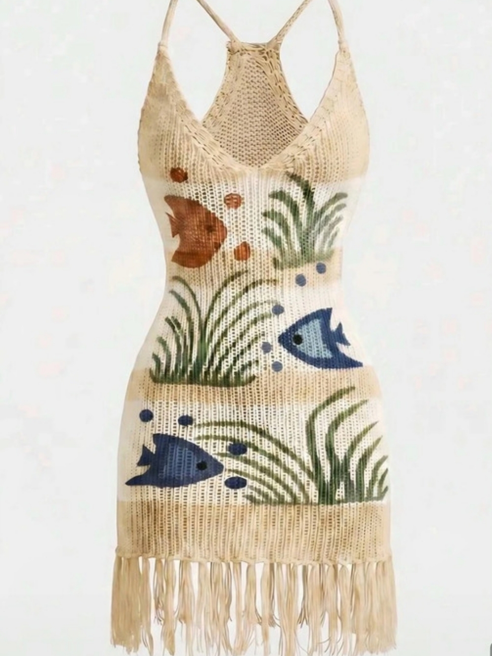ROMWE Summer Outfits Beach Vacation Fish Print Tassel Fitted Knit Dress Fish
